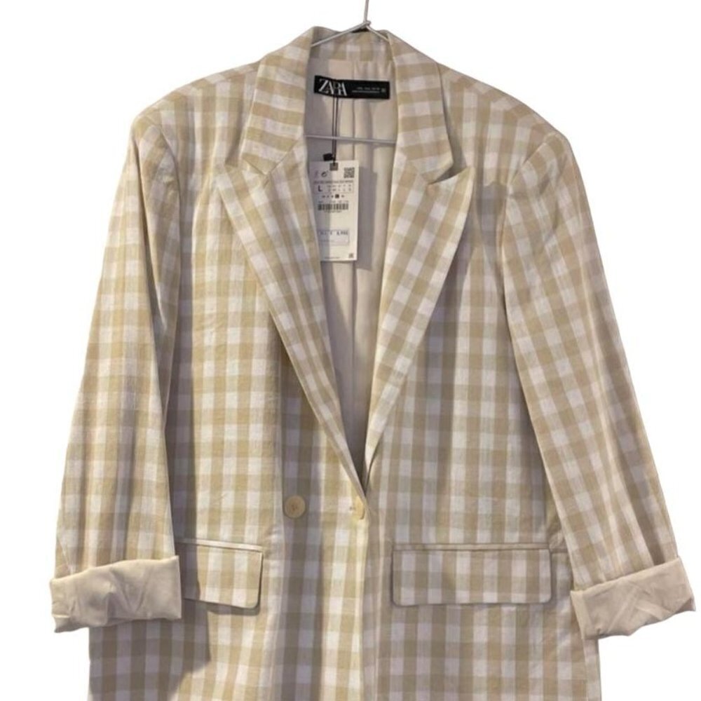ZARA GINGHAM CHECK JACKET BEIGE/WHITE SIZE XS 7102/126/710